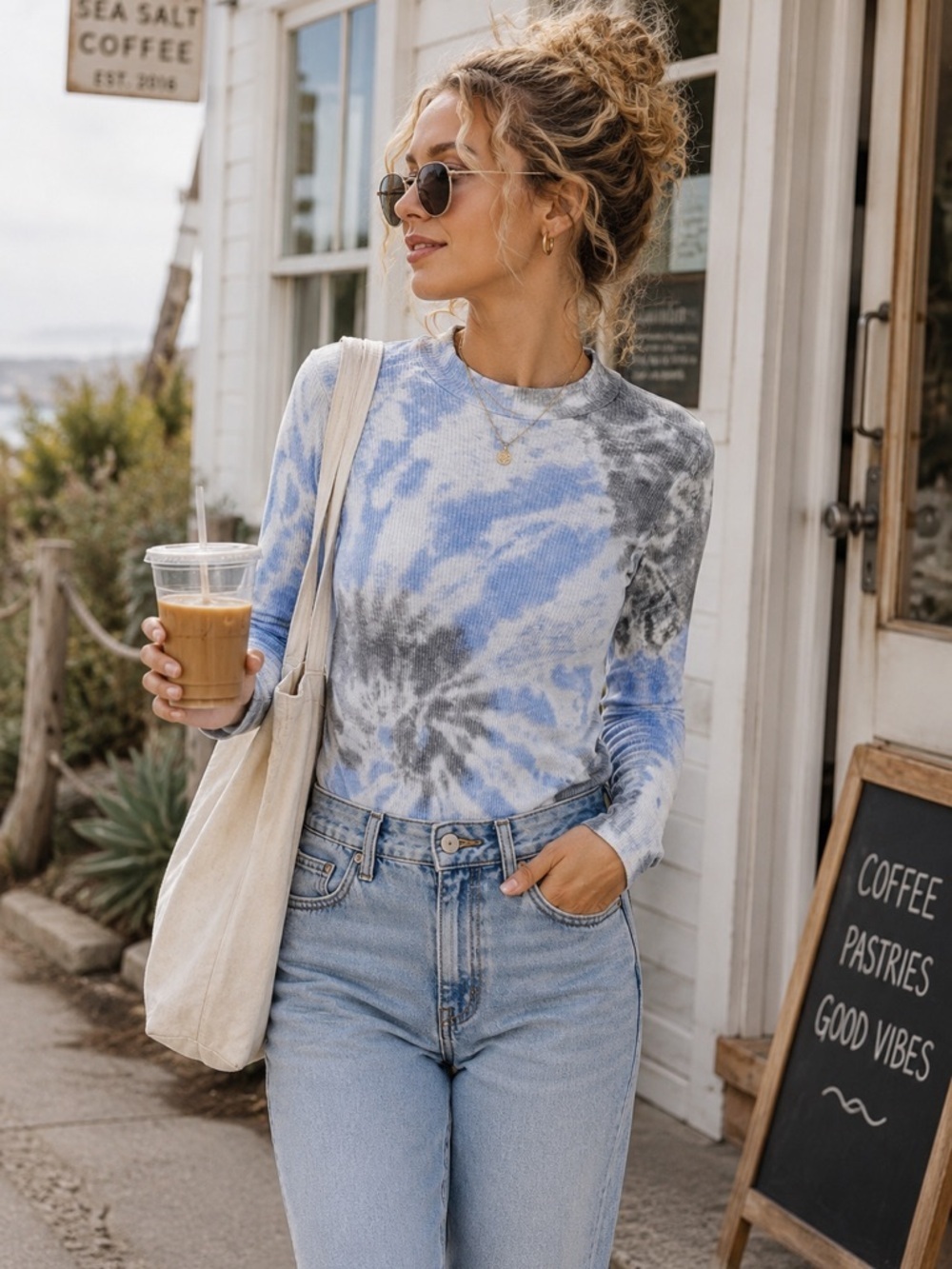 Free People Blue Gray Ribbed Tie Dye Thermal Long Sleeve Women’s Tee Sz S